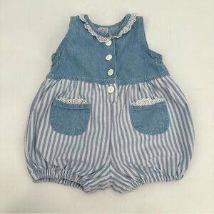 VTG Small Steps Baby Romper Bubble 1pc Outfit Denim Blue Stripe Sz NB TO 6-9 M